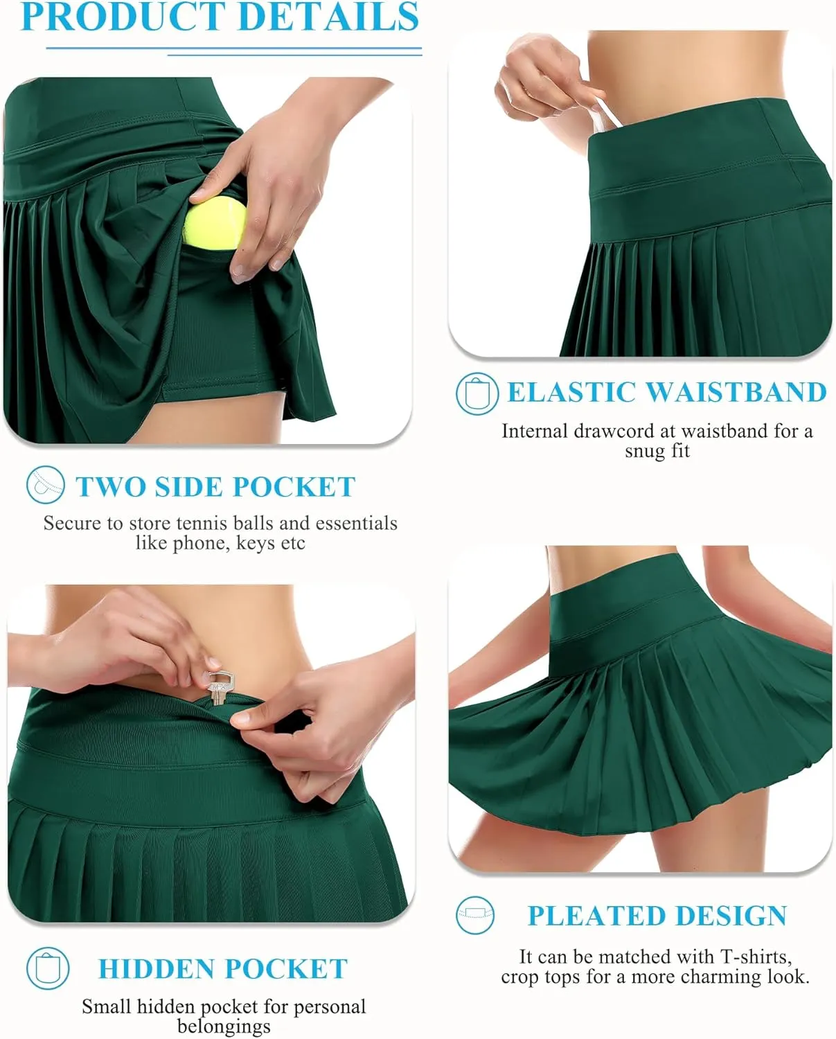 DERCA Pleated Tennis Skirt for Women with Pockets Shorts Athletic Golf Skirts Workout Sports Activewear Skort