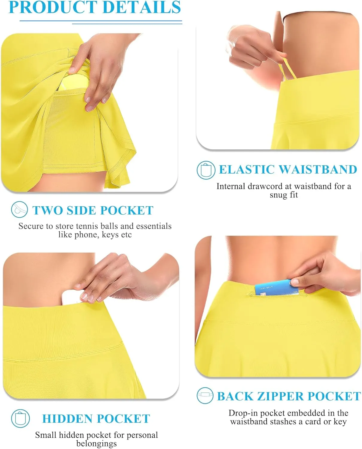 DERCA Pleated Tennis Skirt for Women with Pockets Shorts High Waisted Golf Skirts Workout Running Sports Athletic Skort