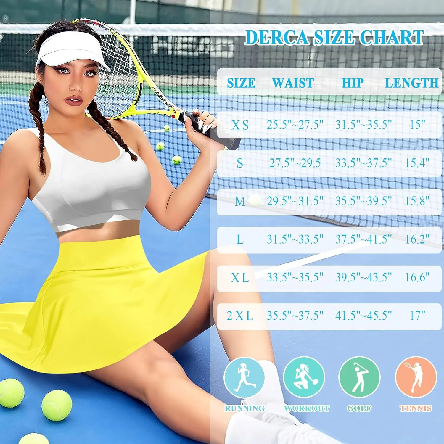 DERCA Pleated Tennis Skirt for Women with Pockets Shorts High Waisted Golf Skirts Workout Running Sports Athletic Skort