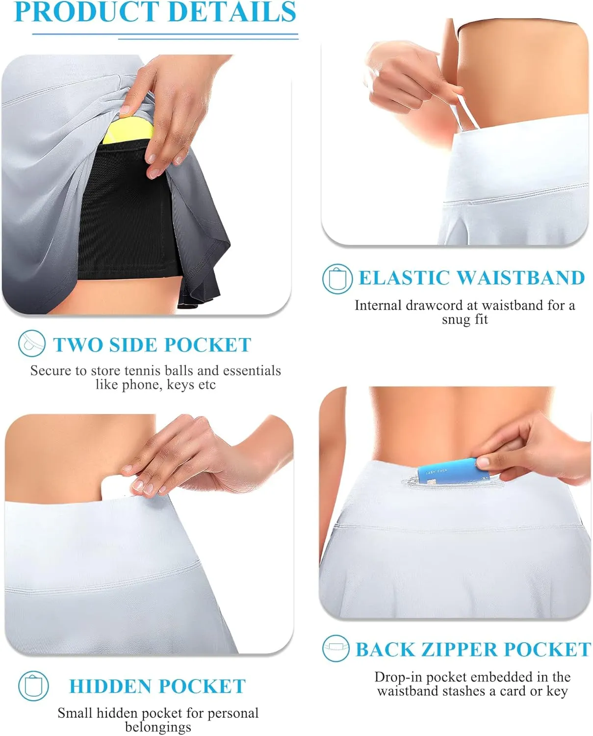 DERCA Pleated Tennis Skirt for Women with Pockets Shorts High Waisted Golf Skirts Workout Running Sports Athletic Skort