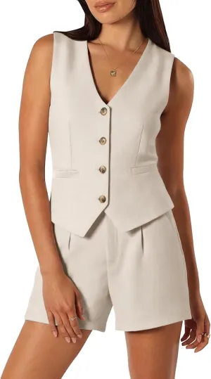 ELLEVEN Women's 2 Piece Summer Outfits Linen Lounge Matching Sleeveless V-Neck Vest and Shorts Sets 2025