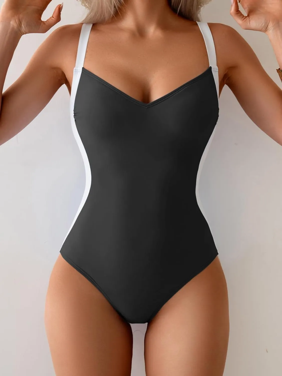 Eomenie Women's Tummy Control One Piece Swimsuit Slimming Lace Up Back Bathing Suit V Neck Swimwear