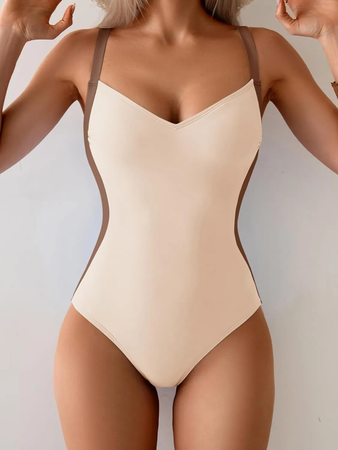 Eomenie Women's Tummy Control One Piece Swimsuit Slimming Lace Up Back Bathing Suit V Neck Swimwear