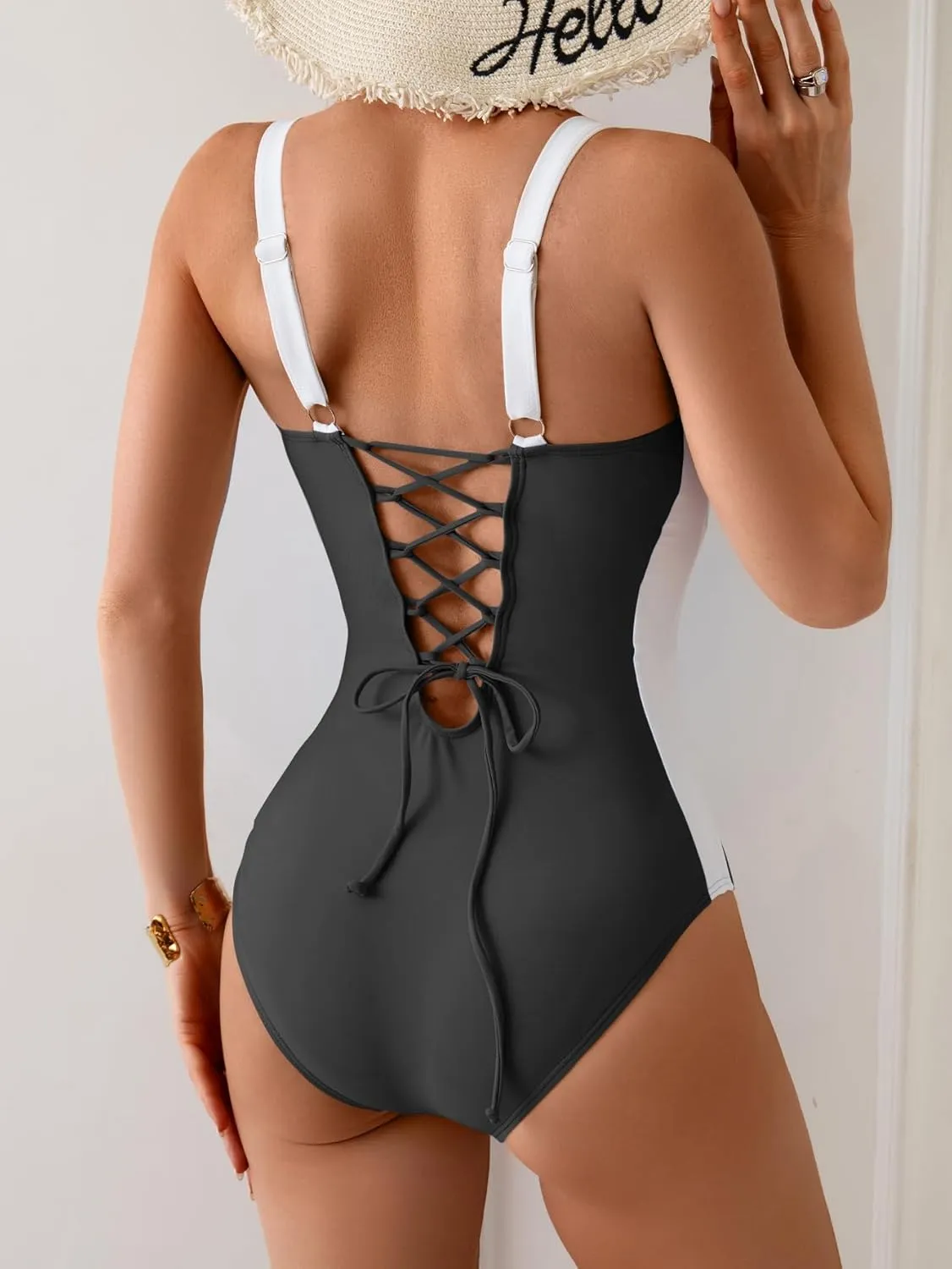 Eomenie Women's Tummy Control One Piece Swimsuit Slimming Lace Up Back Bathing Suit V Neck Swimwear