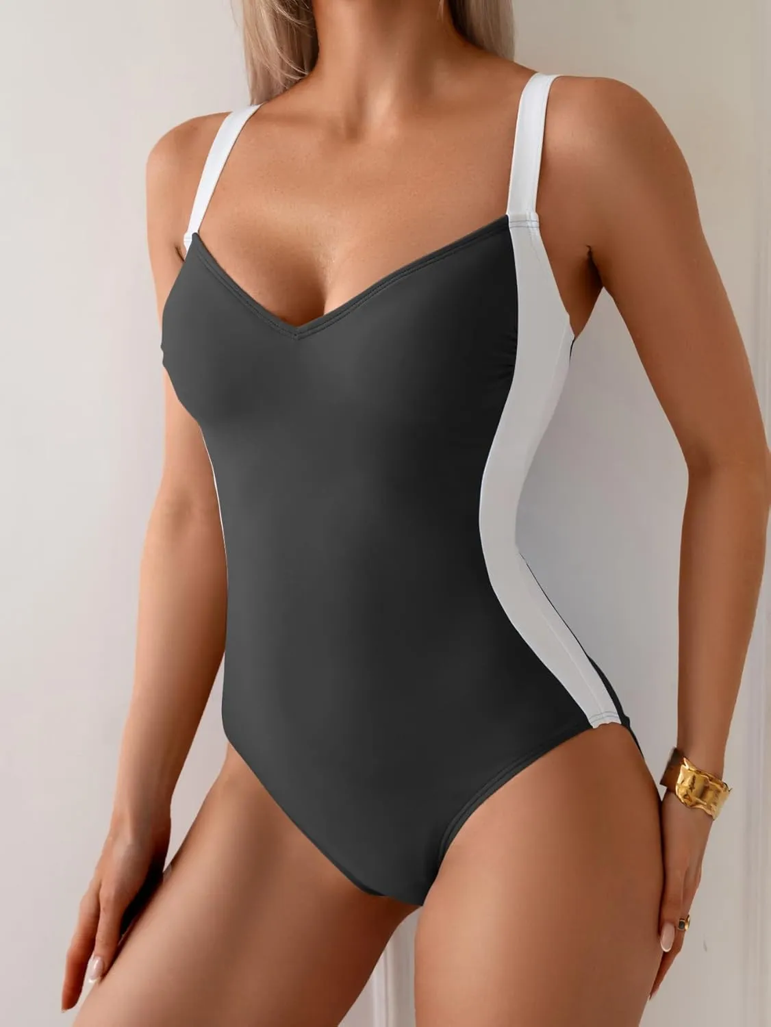 Eomenie Women's Tummy Control One Piece Swimsuit Slimming Lace Up Back Bathing Suit V Neck Swimwear