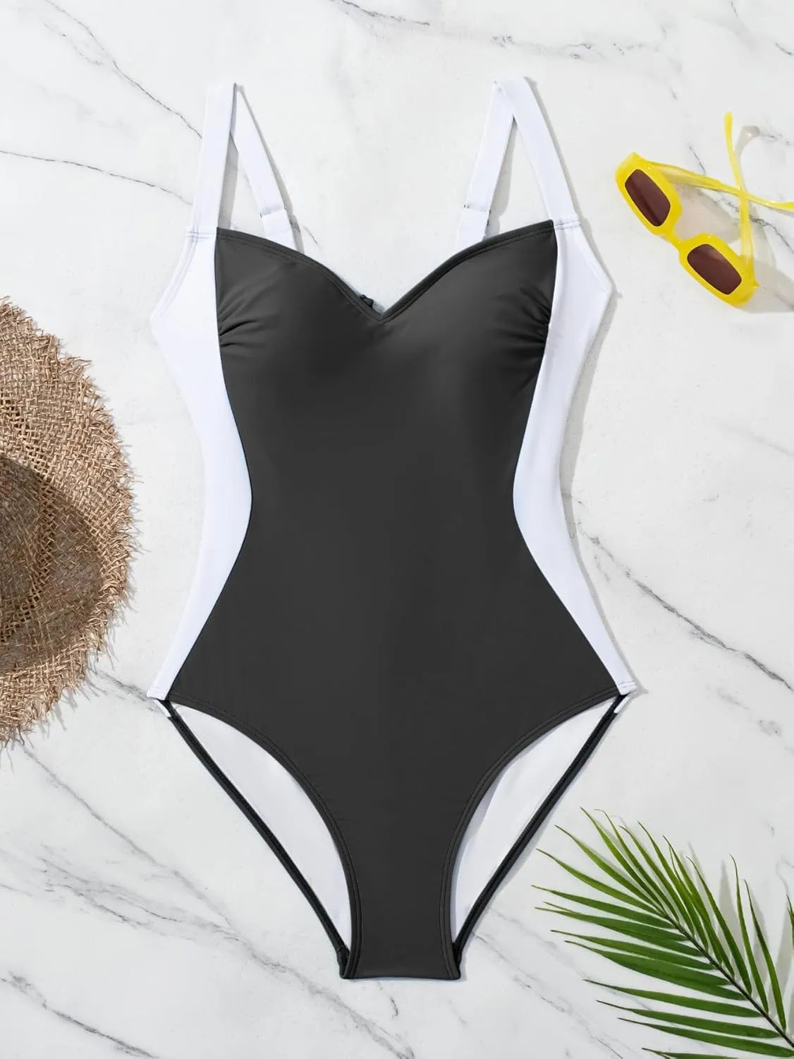 Eomenie Women's Tummy Control One Piece Swimsuit Slimming Lace Up Back Bathing Suit V Neck Swimwear
