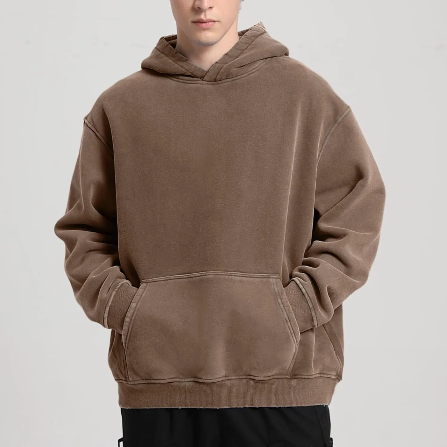 FAIABLE Mens Hoodies Pullover Oversized Hoodie Wash Plush Cotton Hooded Sweatshirt Vintage Heavyweight Hoodie Men Streetwear