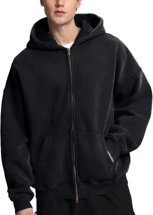 FAIABLE Mens Womens Double Zip Up Hoodie Oversized Acid Wash Hoodies Heavyweight Fleece Cotton Zipper Hoodie Vintage