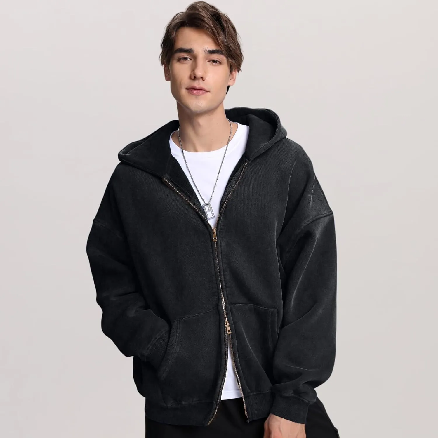 FAIABLE Mens Womens Double Zip Up Hoodie Oversized Acid Wash Hoodies Heavyweight Fleece Cotton Zipper Hoodie Vintage