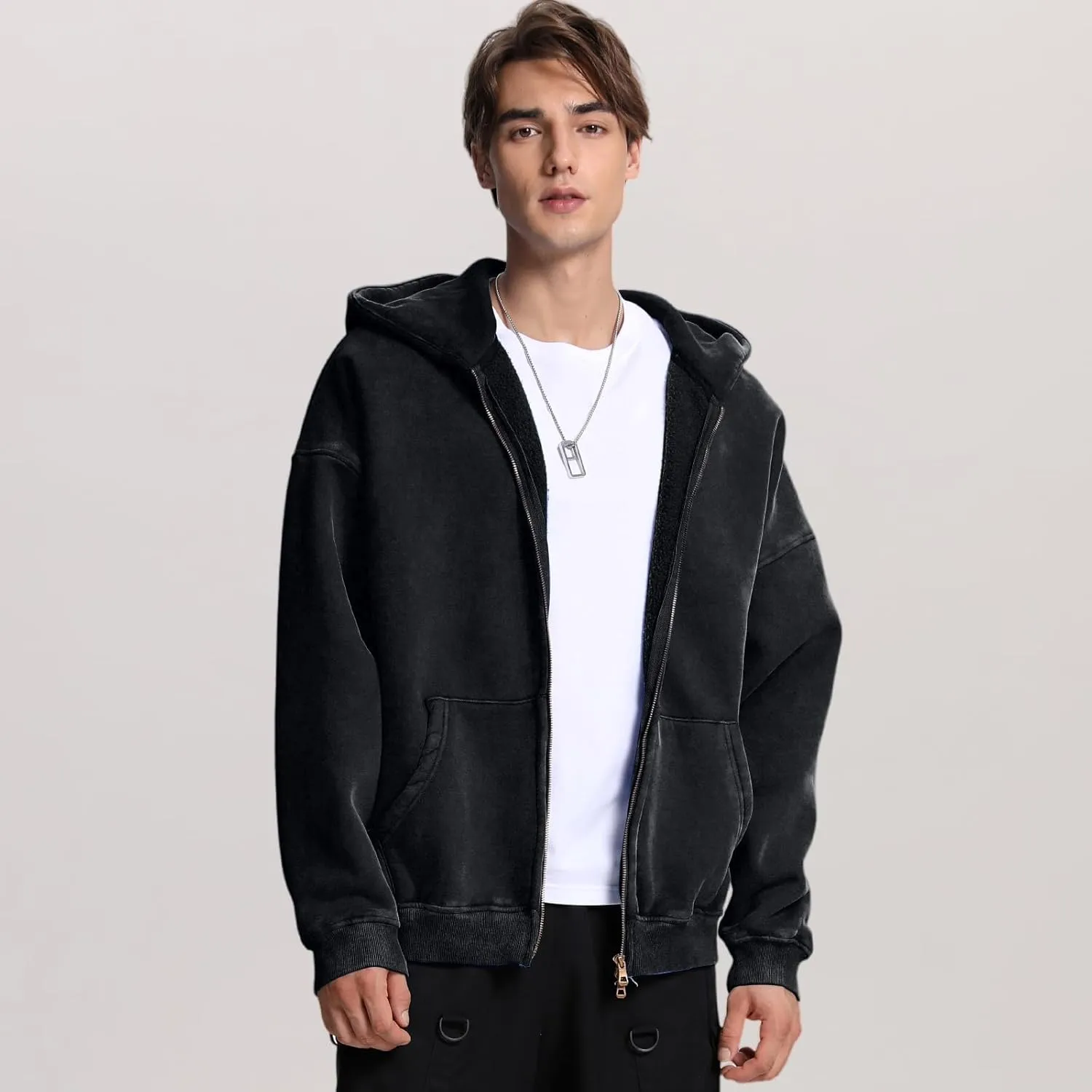 FAIABLE Mens Womens Double Zip Up Hoodie Oversized Acid Wash Hoodies Heavyweight Fleece Cotton Zipper Hoodie Vintage