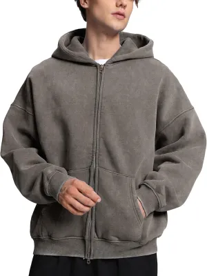FAIABLE Mens Womens Double Zip Up Hoodie Oversized Acid Wash Hoodies Heavyweight Fleece Cotton Zipper Hoodie Vintage