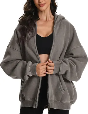 FAIABLE Womens Mens Zip Up Hoodie Oversized Acid Wash Hoodies Heavyweight Distress Cotton Fleece Zipper Hoodie Vintage