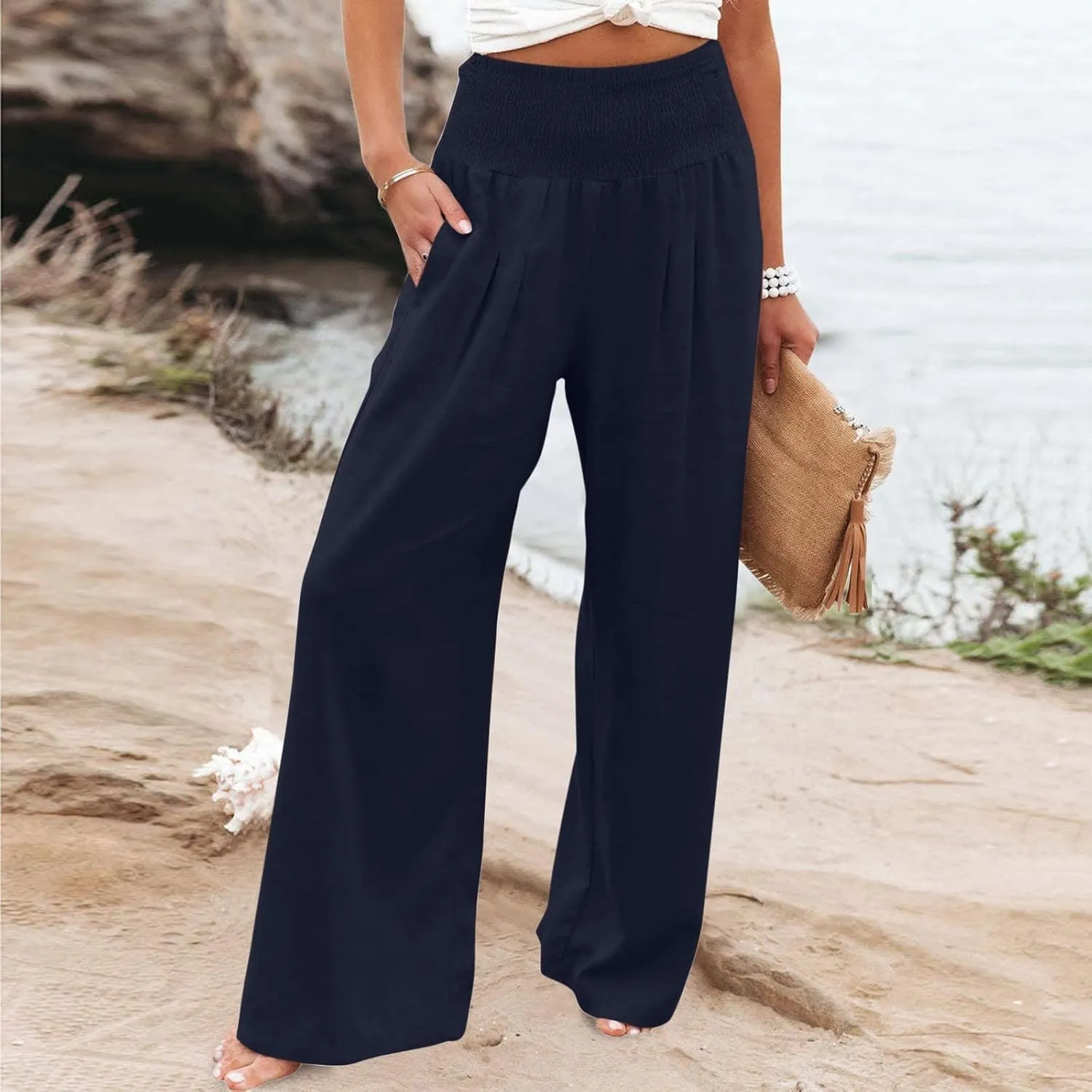 Firzero Wide Leg Trousers Women Plus Size Elastic High Waist Straight Pants 2024 Summer Casual Cotton Linen Beach Pants
