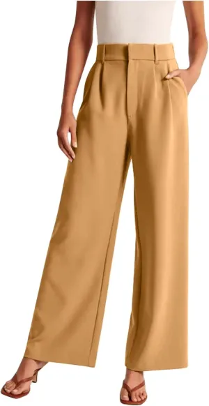 Firzero Women Linen Pants Trendy Summer Palazzo Boho Wide Leg Pants Elastic High Waist Lounge Pant Beach Flowy Casual Trousers with Pockets