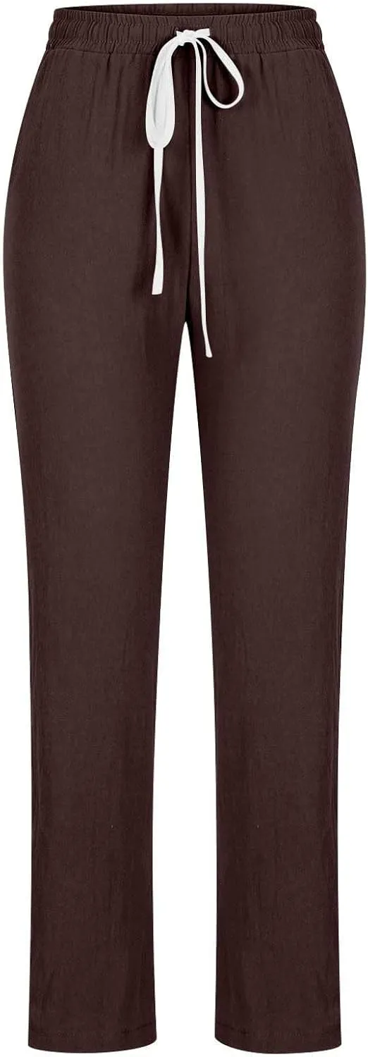 Firzero Womens Pants Summer Casual Cotton Linen Pants 2024 Trendy Solid Drawstring Long Pants Straight Leg Lounge Trousers