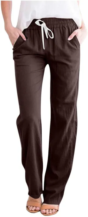 Firzero Womens Pants Summer Casual Cotton Linen Pants 2024 Trendy Solid Drawstring Long Pants Straight Leg Lounge Trousers