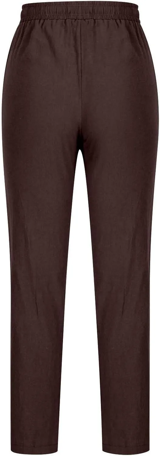 Firzero Womens Pants Summer Casual Cotton Linen Pants 2024 Trendy Solid Drawstring Long Pants Straight Leg Lounge Trousers