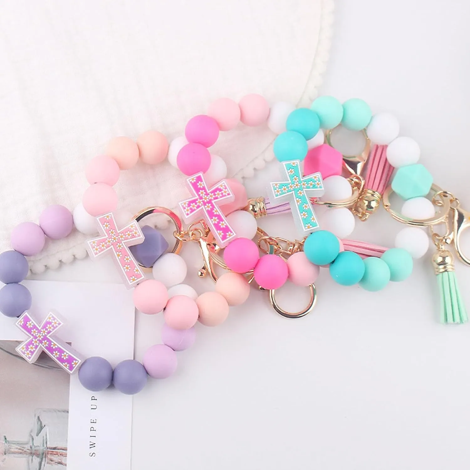 Flower Cross Silicone Beaded Wristlet Keychain Bracelet For Women Stretchy Charm Bracelet Wrist Key Chain