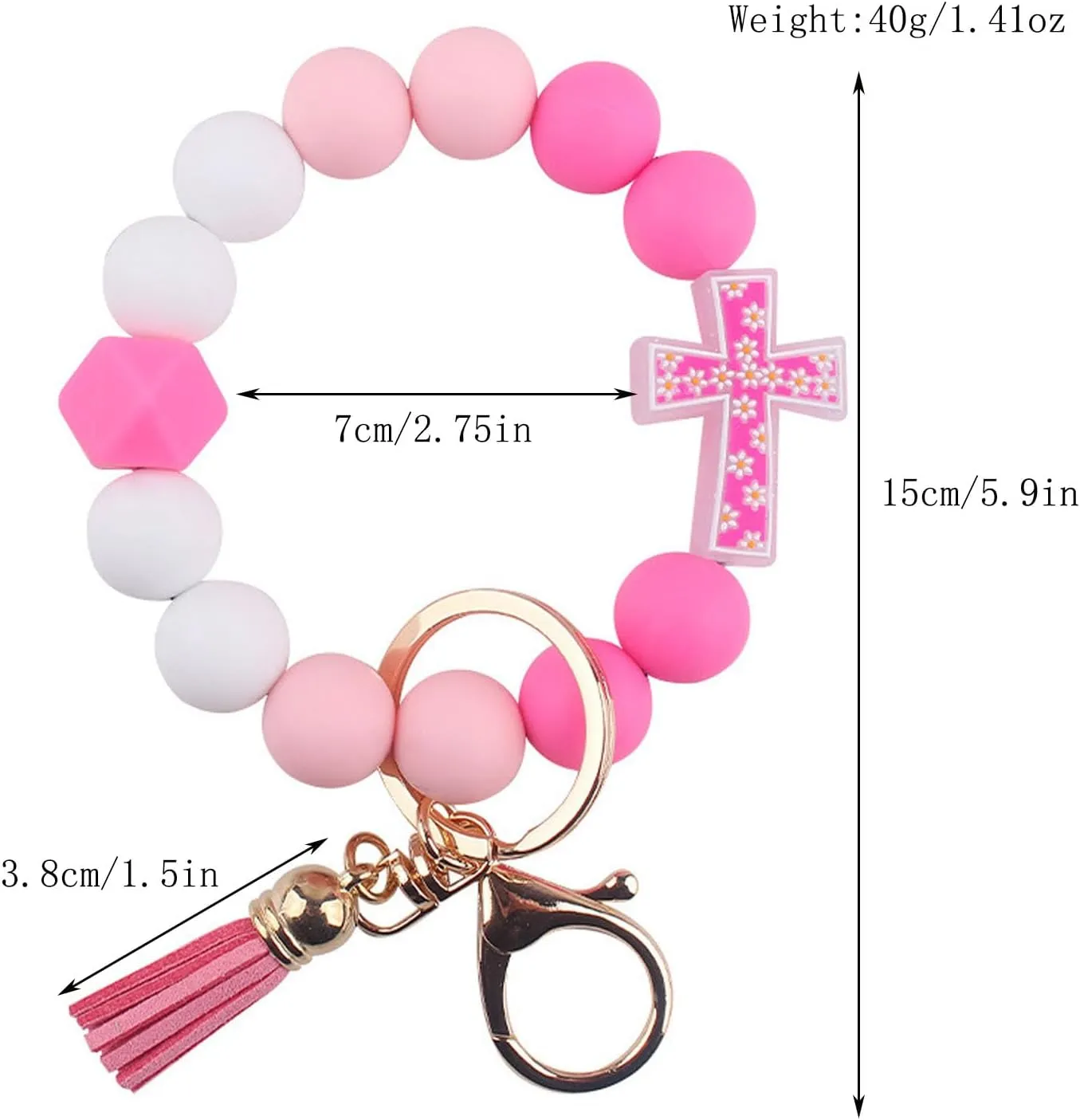 Flower Cross Silicone Beaded Wristlet Keychain Bracelet For Women Stretchy Charm Bracelet Wrist Key Chain