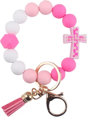 Flower Cross Silicone Beaded Wristlet Keychain Bracelet For Women Stretchy Charm Bracelet Wrist Key Chain