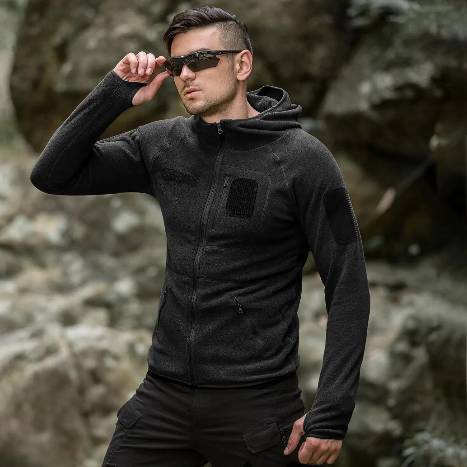 FREE SOLDIER Men's Tactical Long Sleeve Fleece Hoodie Weatherproof Full Zip Up Lightweight Fleece Hoodie Jacket Sweatshirt