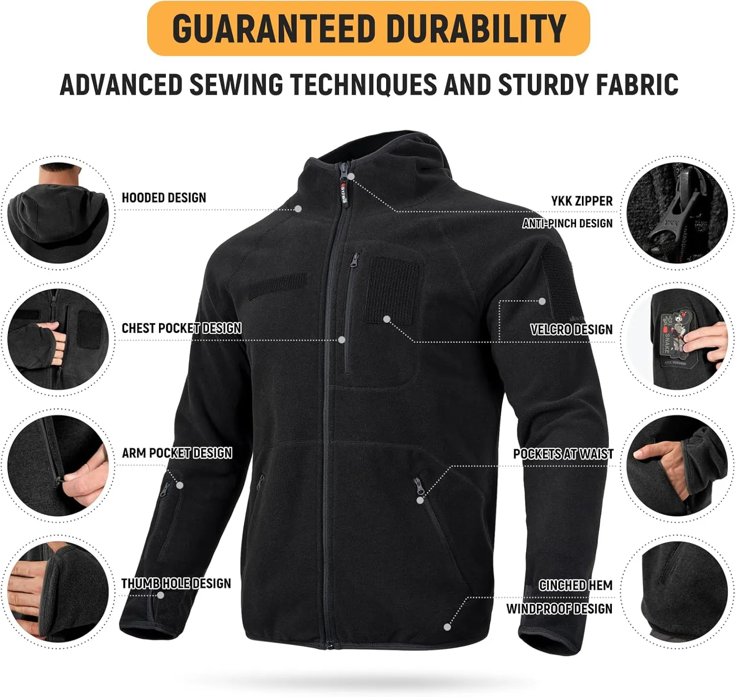 FREE SOLDIER Men's Tactical Long Sleeve Fleece Hoodie Weatherproof Full Zip Up Lightweight Fleece Hoodie Jacket Sweatshirt