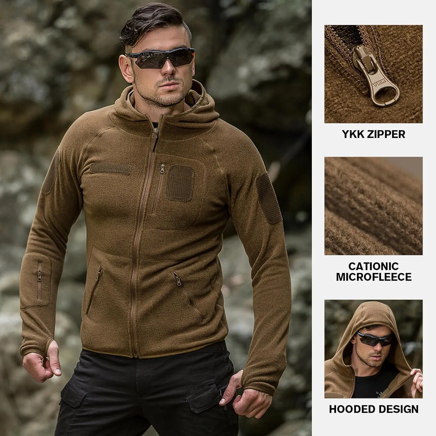 FREE SOLDIER Men's Tactical Long Sleeve Fleece Hoodie Weatherproof Full Zip Up Lightweight Fleece Hoodie Jacket Sweatshirt