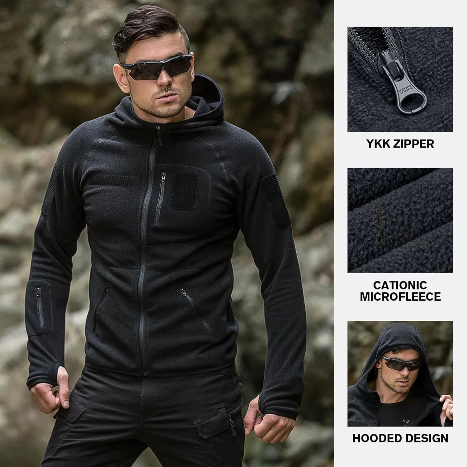 FREE SOLDIER Men's Tactical Long Sleeve Fleece Hoodie Weatherproof Full Zip Up Lightweight Fleece Hoodie Jacket Sweatshirt