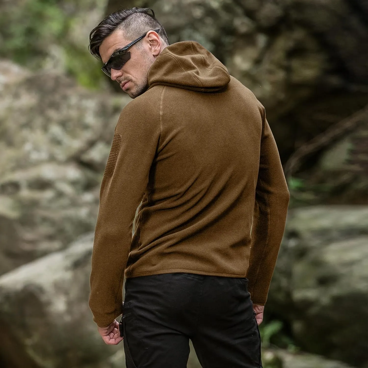 FREE SOLDIER Men's Tactical Long Sleeve Fleece Hoodie Weatherproof Full Zip Up Lightweight Fleece Hoodie Jacket Sweatshirt