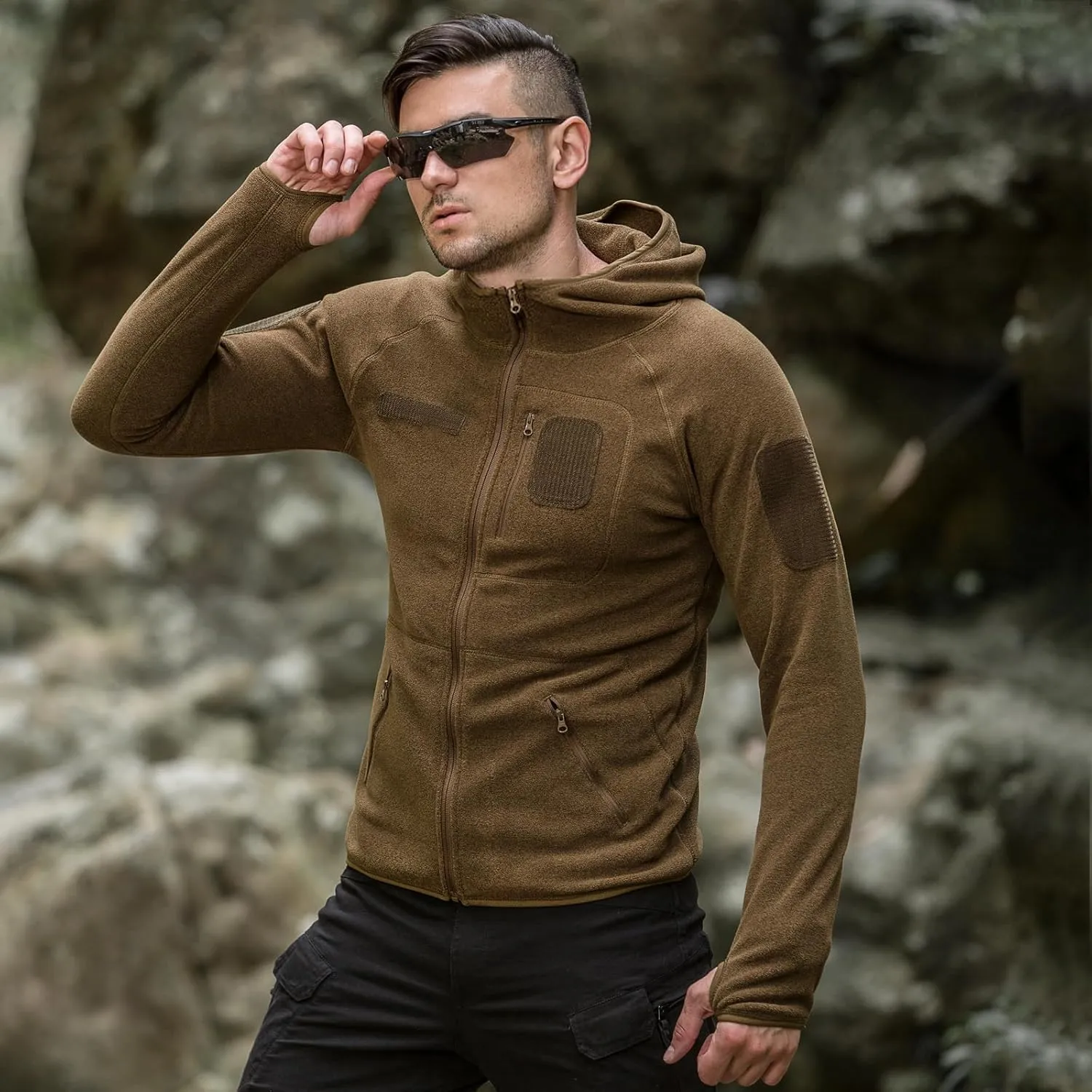 FREE SOLDIER Men's Tactical Long Sleeve Fleece Hoodie Weatherproof Full Zip Up Lightweight Fleece Hoodie Jacket Sweatshirt