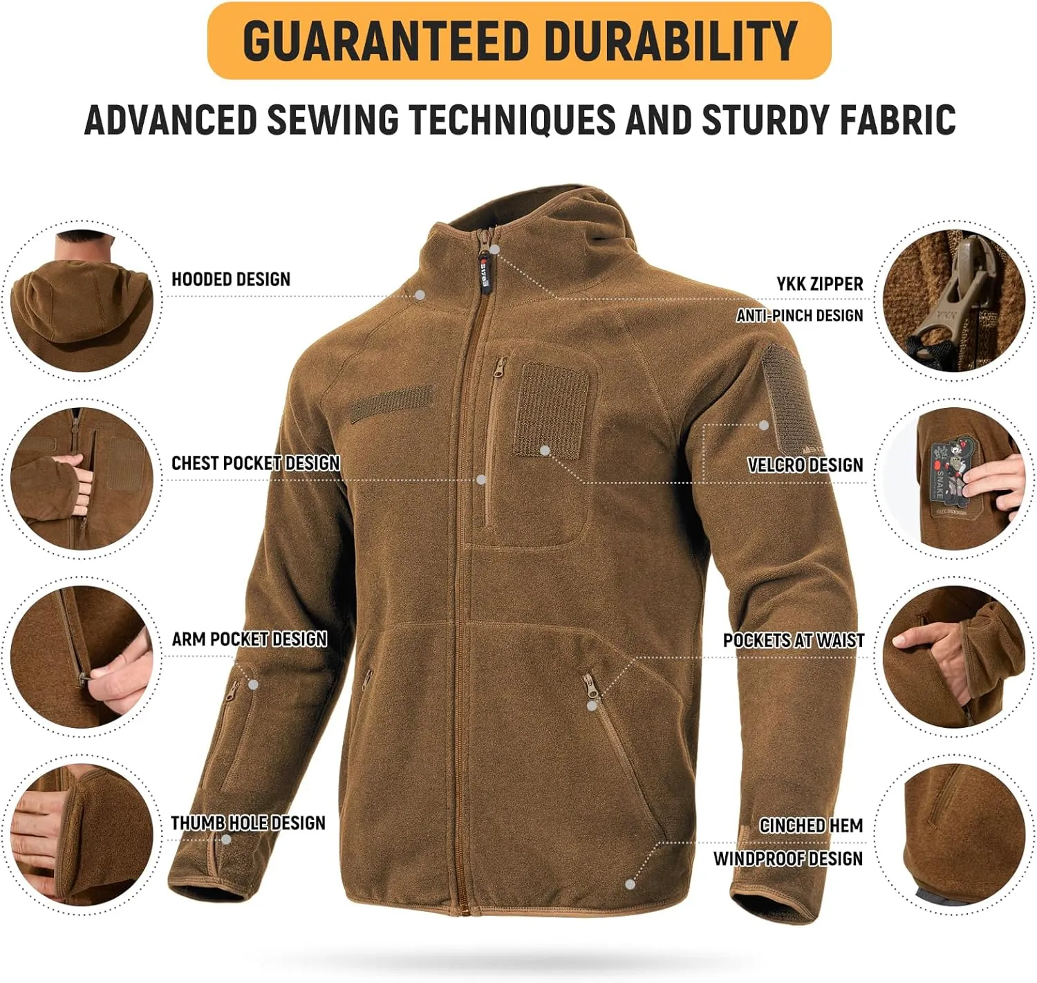 FREE SOLDIER Men's Tactical Long Sleeve Fleece Hoodie Weatherproof Full Zip Up Lightweight Fleece Hoodie Jacket Sweatshirt