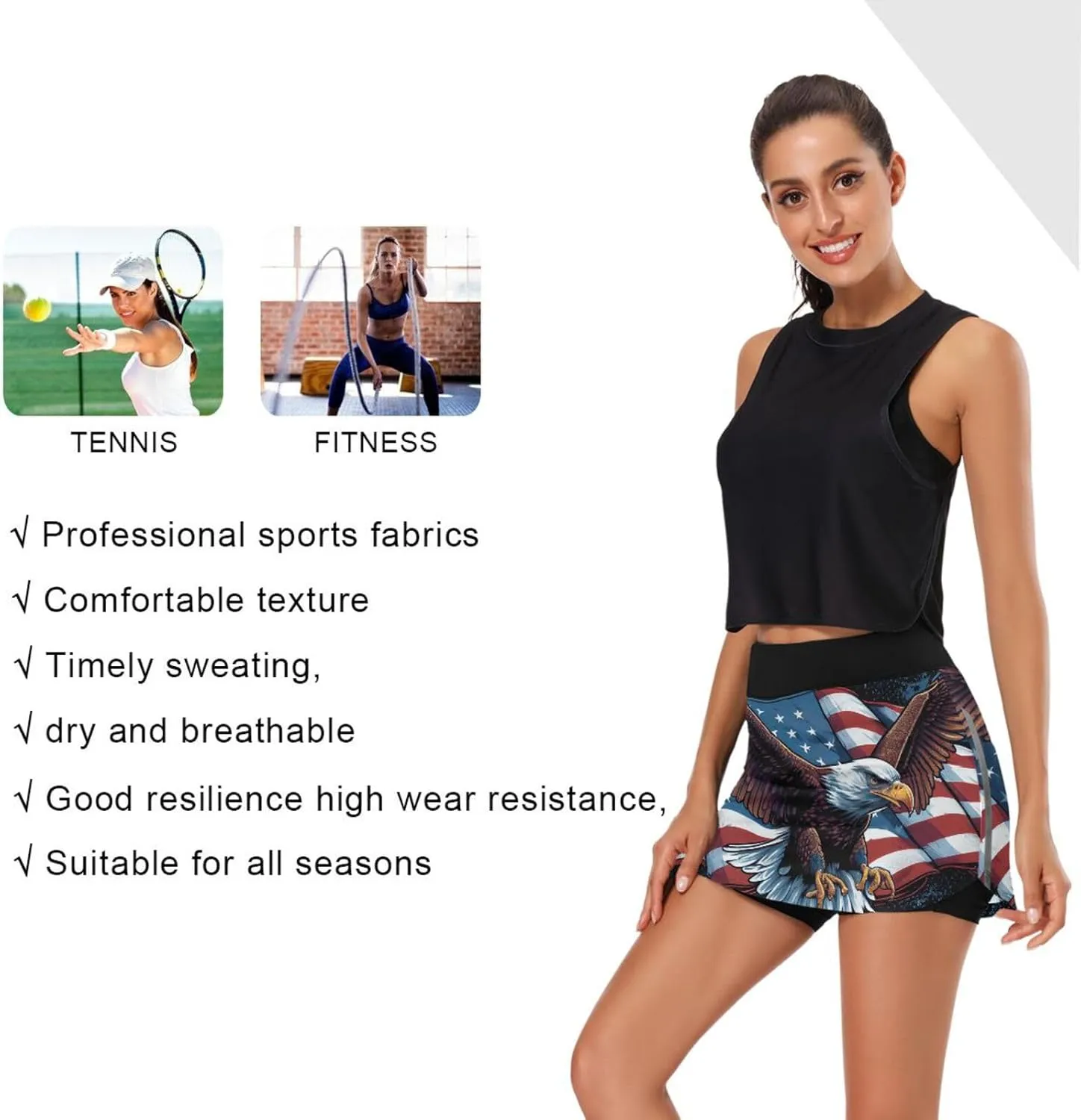 GAIGEO Independence Day Stars Active Skorts for Women, Lightweight Skorts with Pockets, Running Skirts for Sports, S-XXL