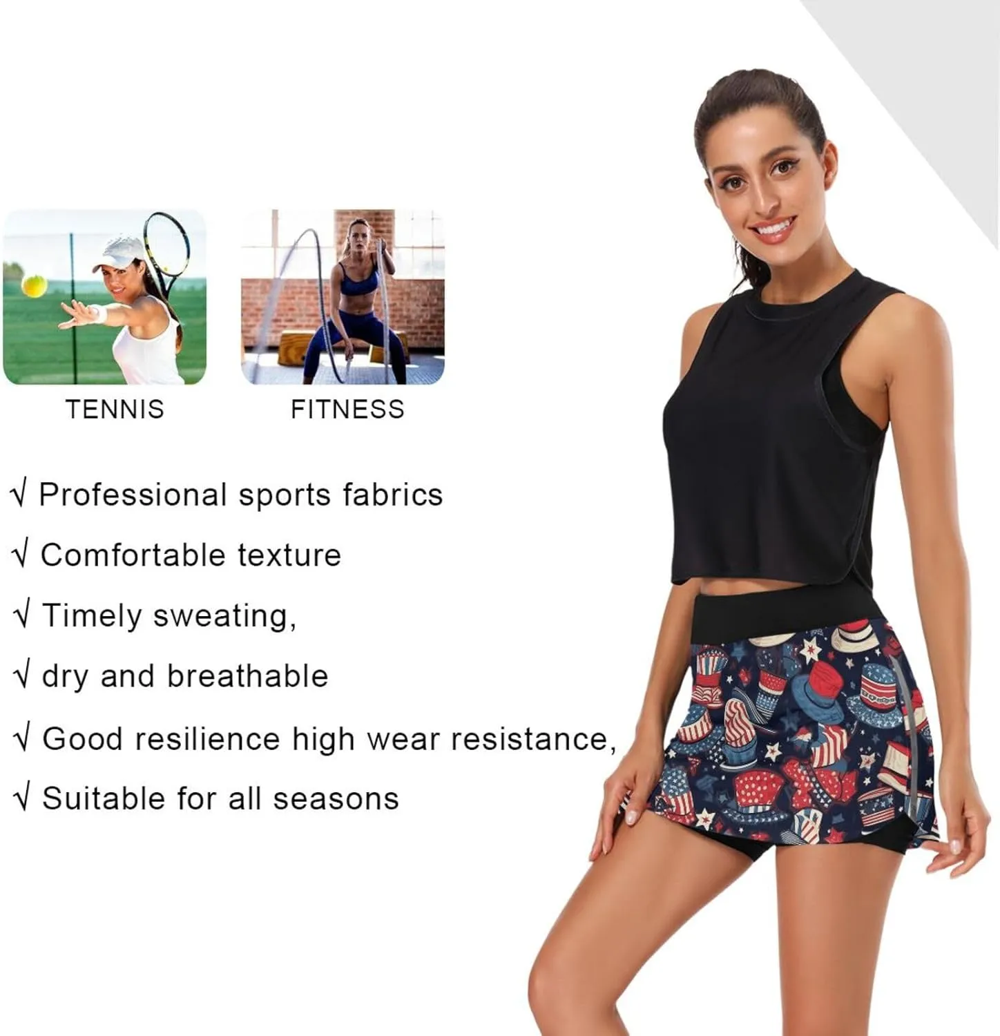 GAIGEO Independence Day Stars Active Skorts for Women, Lightweight Skorts with Pockets, Running Skirts for Sports, S-XXL