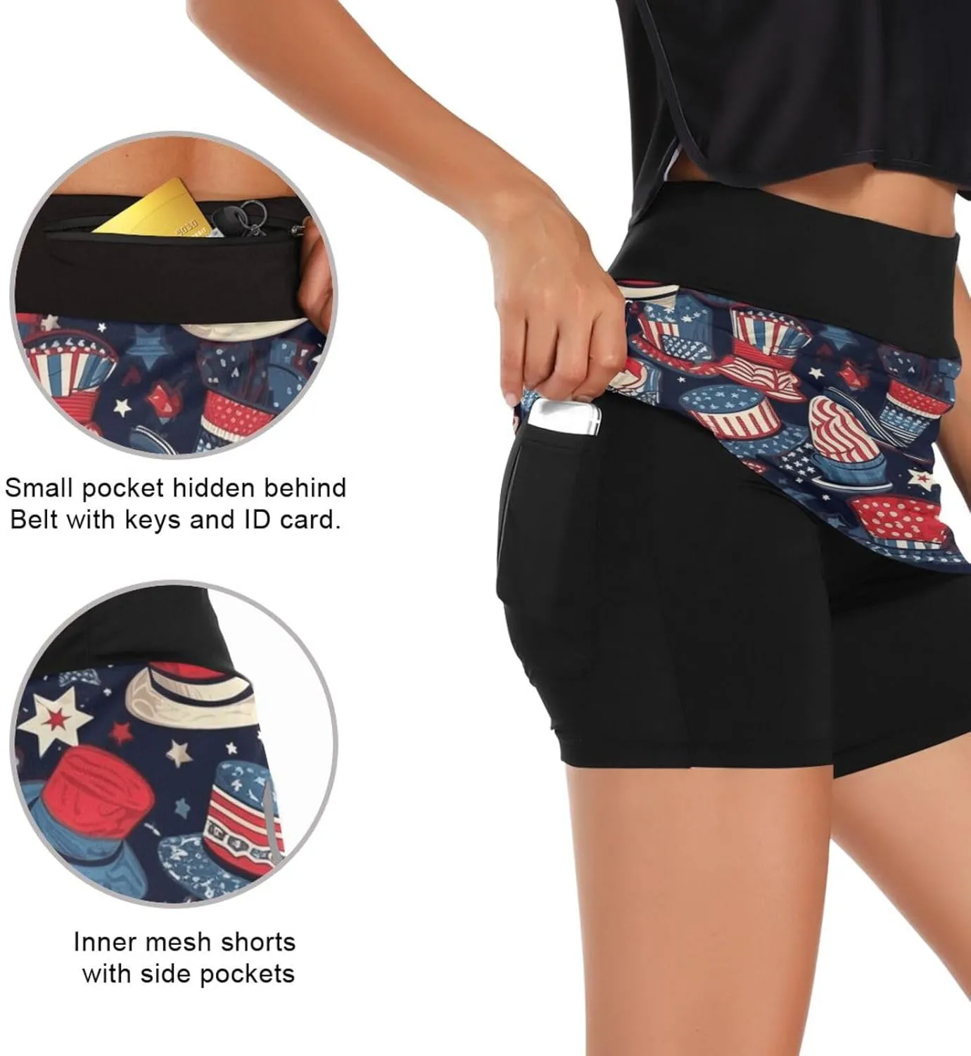 GAIGEO Independence Day Stars Active Skorts for Women, Lightweight Skorts with Pockets, Running Skirts for Sports, S-XXL