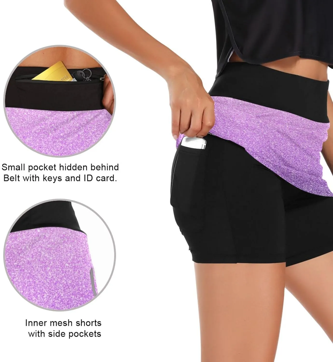 GAIGEO Pink Purple Glitter Womens Exercise Skirt, Tennis Skirts with Shorts, Casual Active Wear for Women, S-XXL