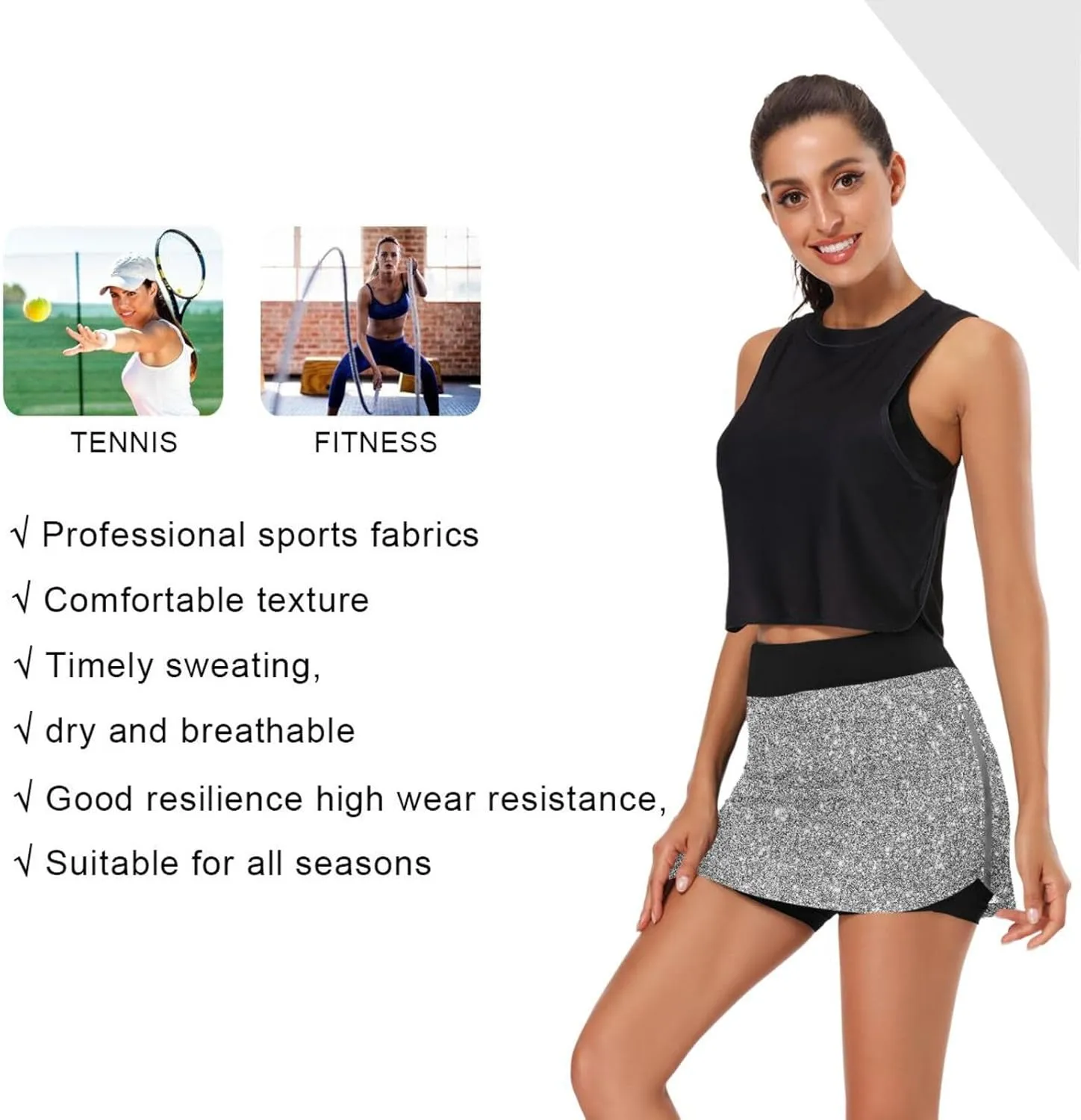 GAIGEO Pink Purple Glitter Womens Exercise Skirt, Tennis Skirts with Shorts, Casual Active Wear for Women, S-XXL