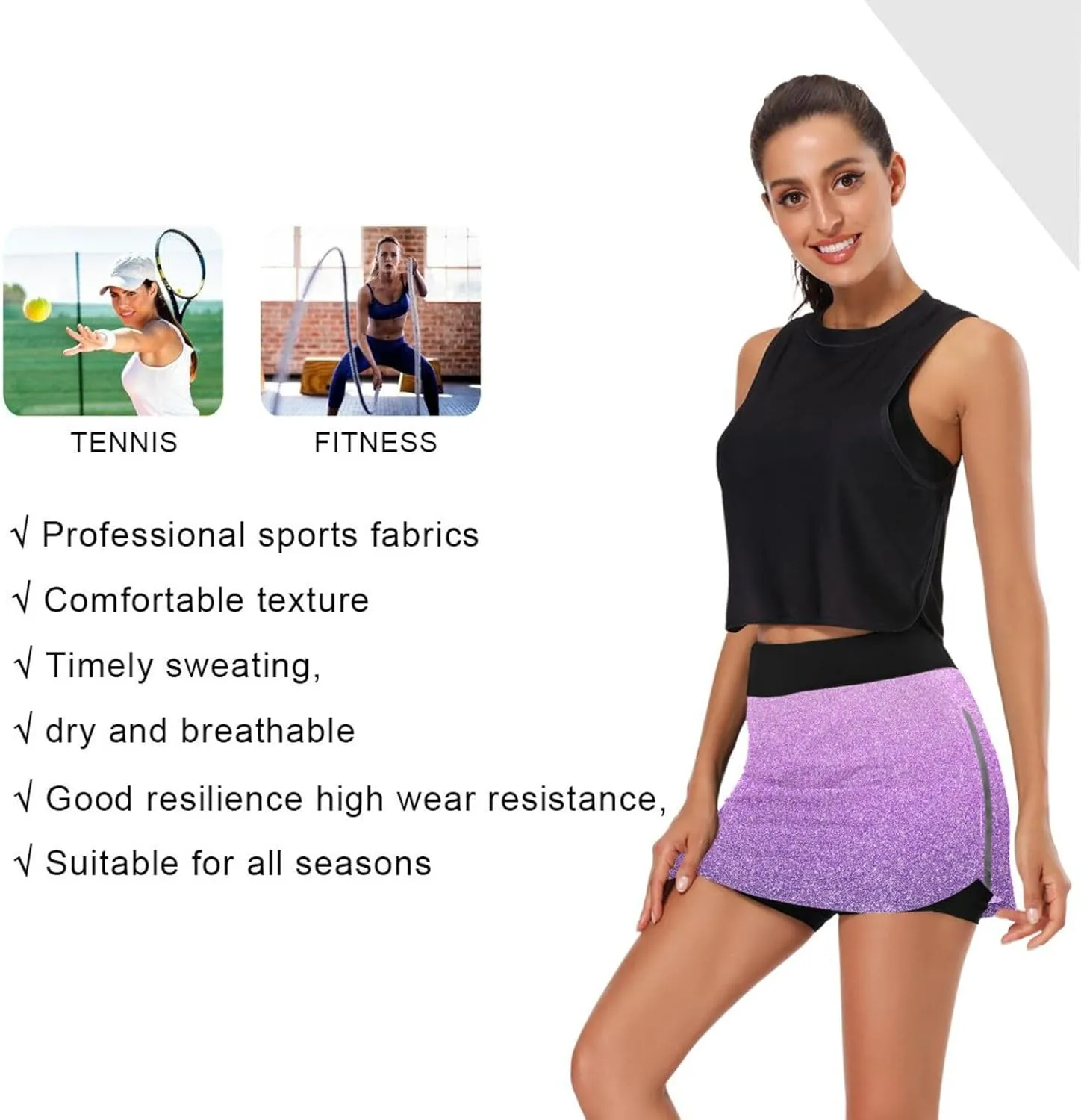 GAIGEO Pink Purple Glitter Womens Exercise Skirt, Tennis Skirts with Shorts, Casual Active Wear for Women, S-XXL