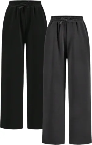 Girl's 2 Pack Pants Drawstring Waist Wide Leg Pants High Waisted Loose Casual Sweatpants