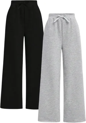 Girl's 2 Pack Pants Drawstring Waist Wide Leg Pants High Waisted Loose Casual Sweatpants