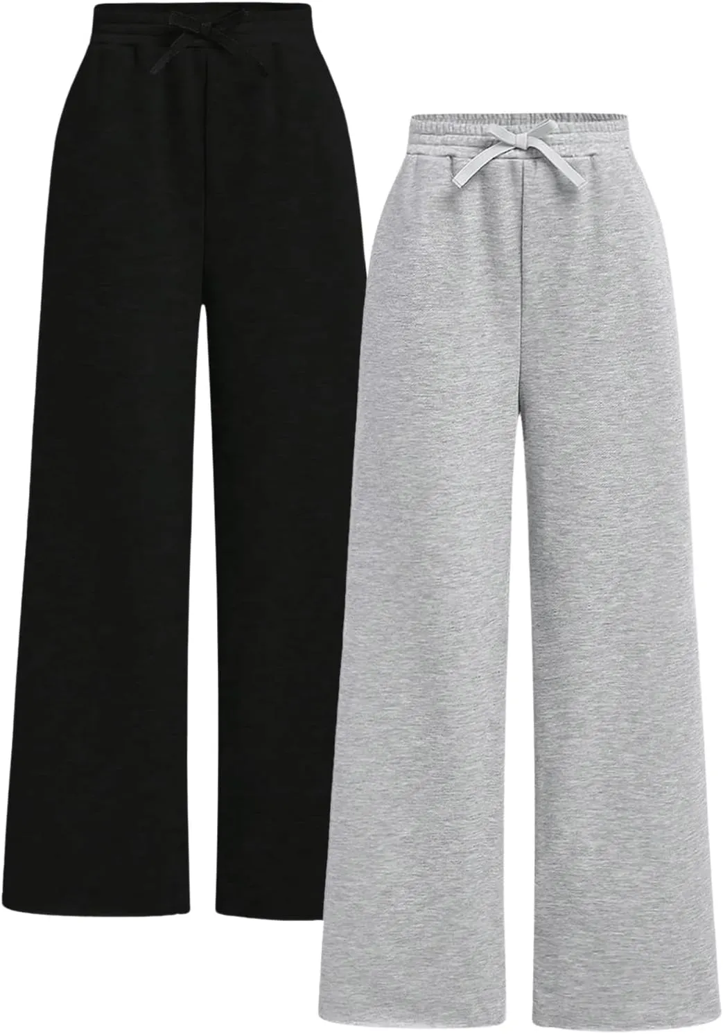 Girl's 2 Pack Pants Drawstring Waist Wide Leg Pants High Waisted Loose Casual Sweatpants