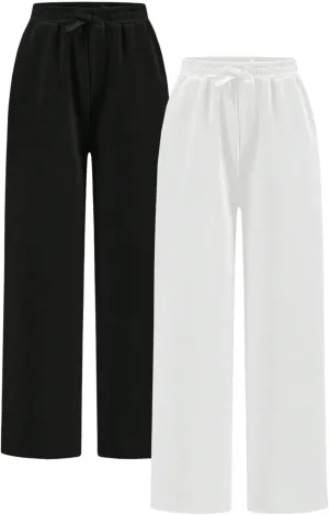 Girl's 2 Pack Pants Drawstring Waist Wide Leg Pants High Waisted Loose Casual Sweatpants