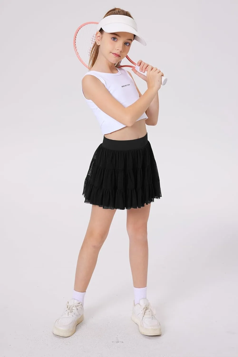 Girls Summer Pleated Ruffle Tennis Skirt with Shorts Flowy Running Casual Athletic Skort with Pockets 5-14 Years