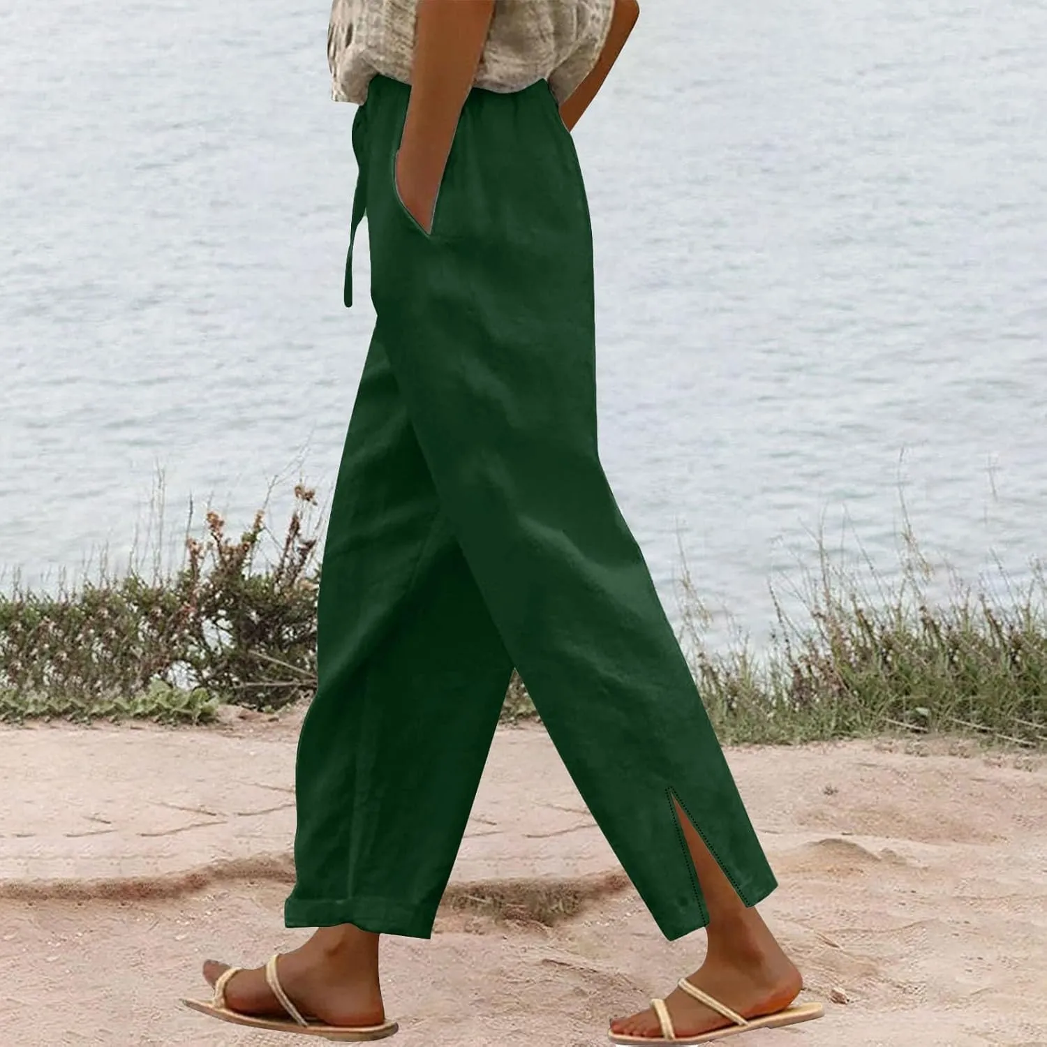 GOKKILRW Womens Linen Pants with Pockets High Waist Comfy Hippie Gauze Pants Casual Lightweight Loose Beach Vacation Trousers
