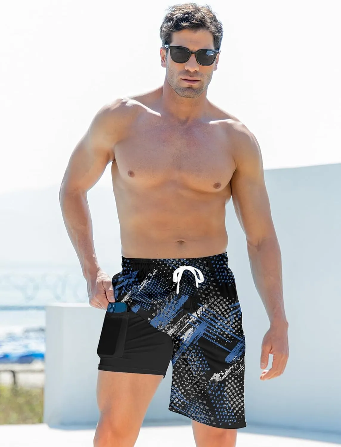 Goodstoworld Men's Funny Swim Trunks with Compression Liner 2 in 1 Quick-Dry 9" Stretch Shorts with Three Pockets