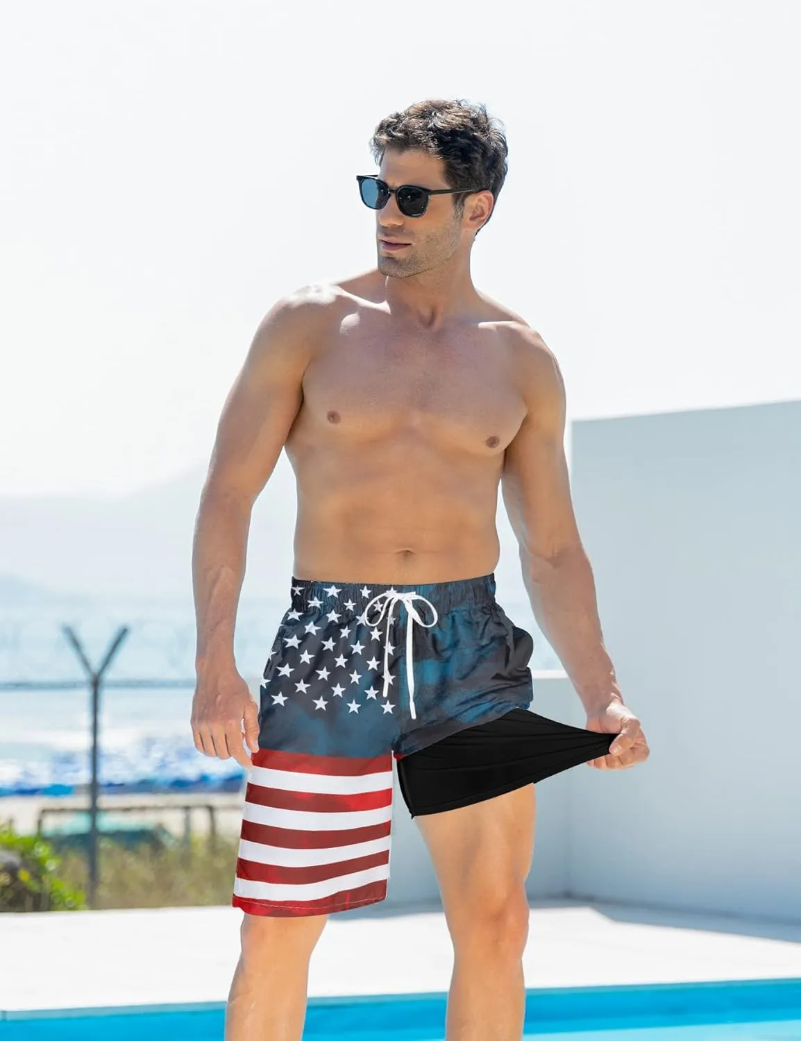 Goodstoworld Men's Funny Swim Trunks with Compression Liner 2 in 1 Quick-Dry 9" Stretch Shorts with Three Pockets