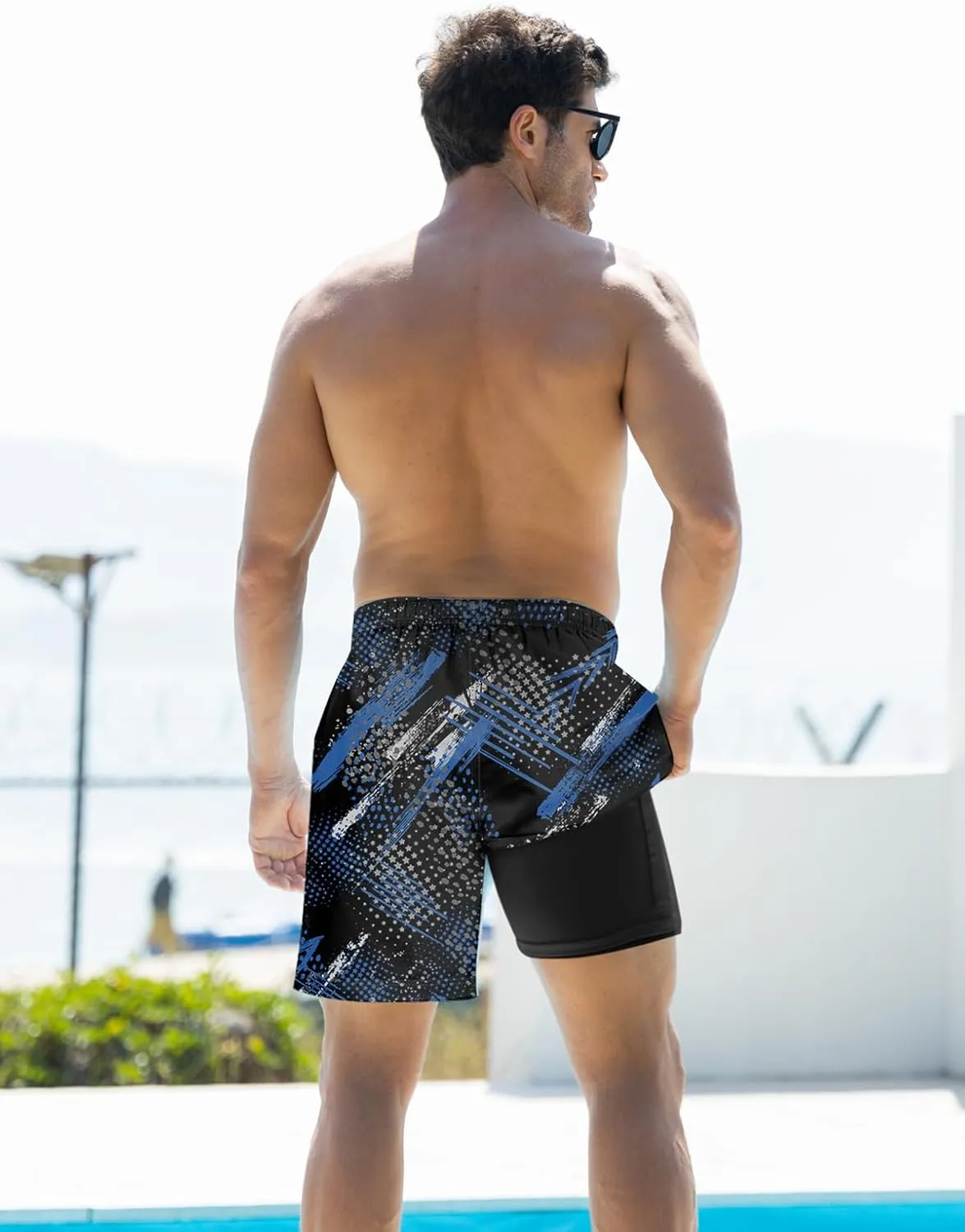 Goodstoworld Men's Funny Swim Trunks with Compression Liner 2 in 1 Quick-Dry 9" Stretch Shorts with Three Pockets