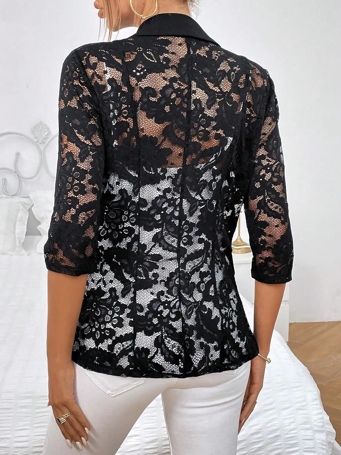GORGLITTER Women's Sheer Lace Jacket Blazer Long Sleeve Open Front Button Casual Business Bolero Jacket