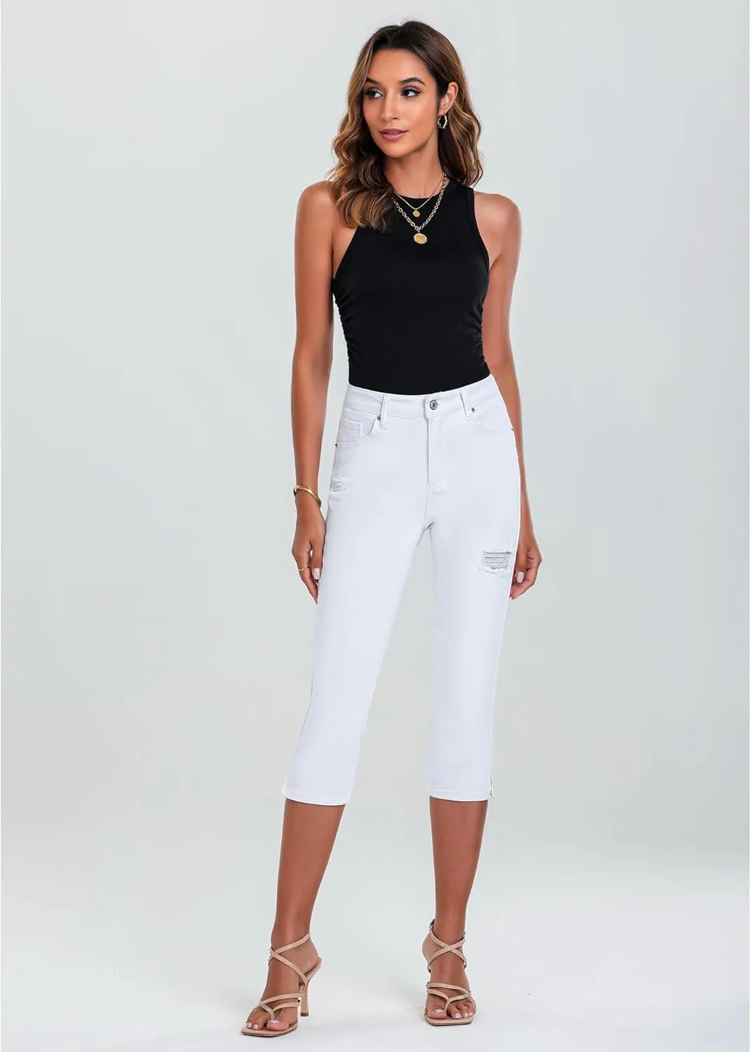 GRAPENT Capris Jeans for Women High Waisted Stretchy Ripped Skinny Denim Capri Pants Distressed Cropped Jeggings Casual