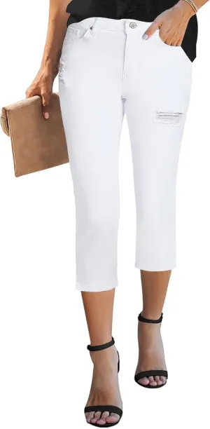 GRAPENT Capris Jeans for Women High Waisted Stretchy Ripped Skinny Denim Capri Pants Distressed Cropped Jeggings Casual