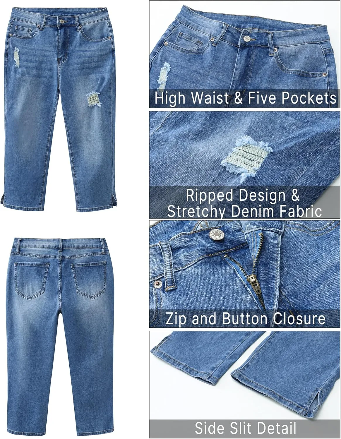 GRAPENT Capris Jeans for Women High Waisted Stretchy Ripped Skinny Denim Capri Pants Distressed Cropped Jeggings Casual